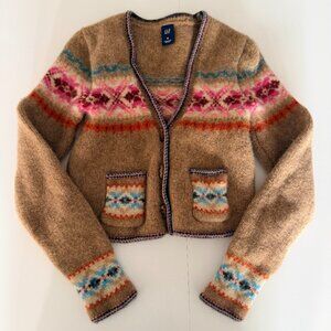 Gap Youth 100% Lambs Wool Fair Isle Chunky V-Neck Button Up Cardigan Sz M Ski